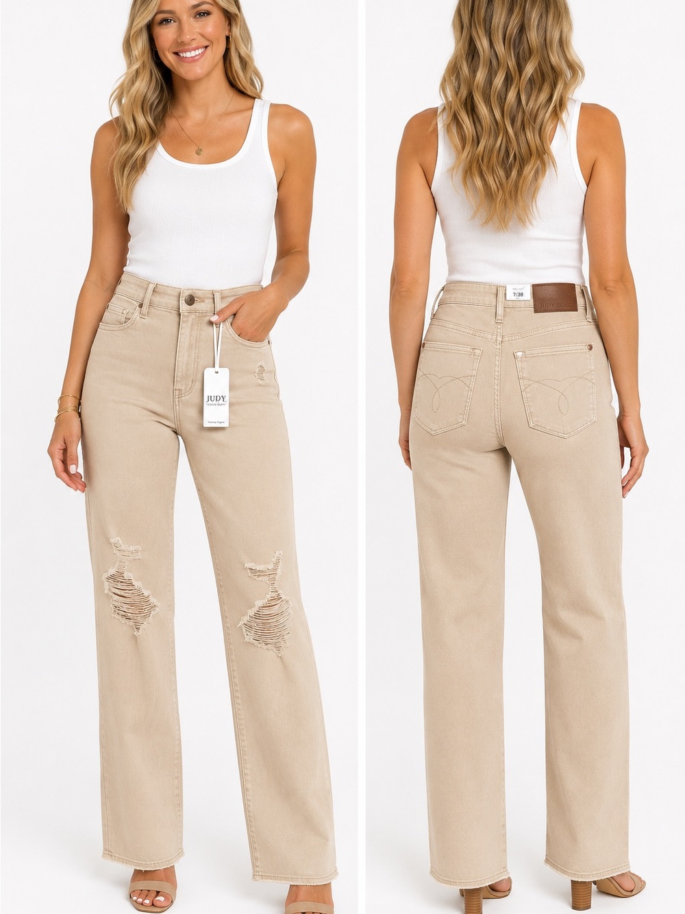 Judy Blue Women's High-Rise Distressed Straight Leg Jeans in Bone